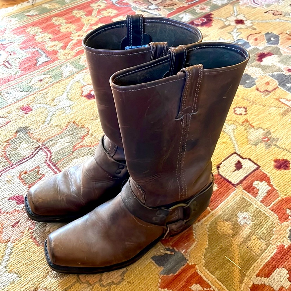 Women’s Frye harness boots, cognac, size 7.5.